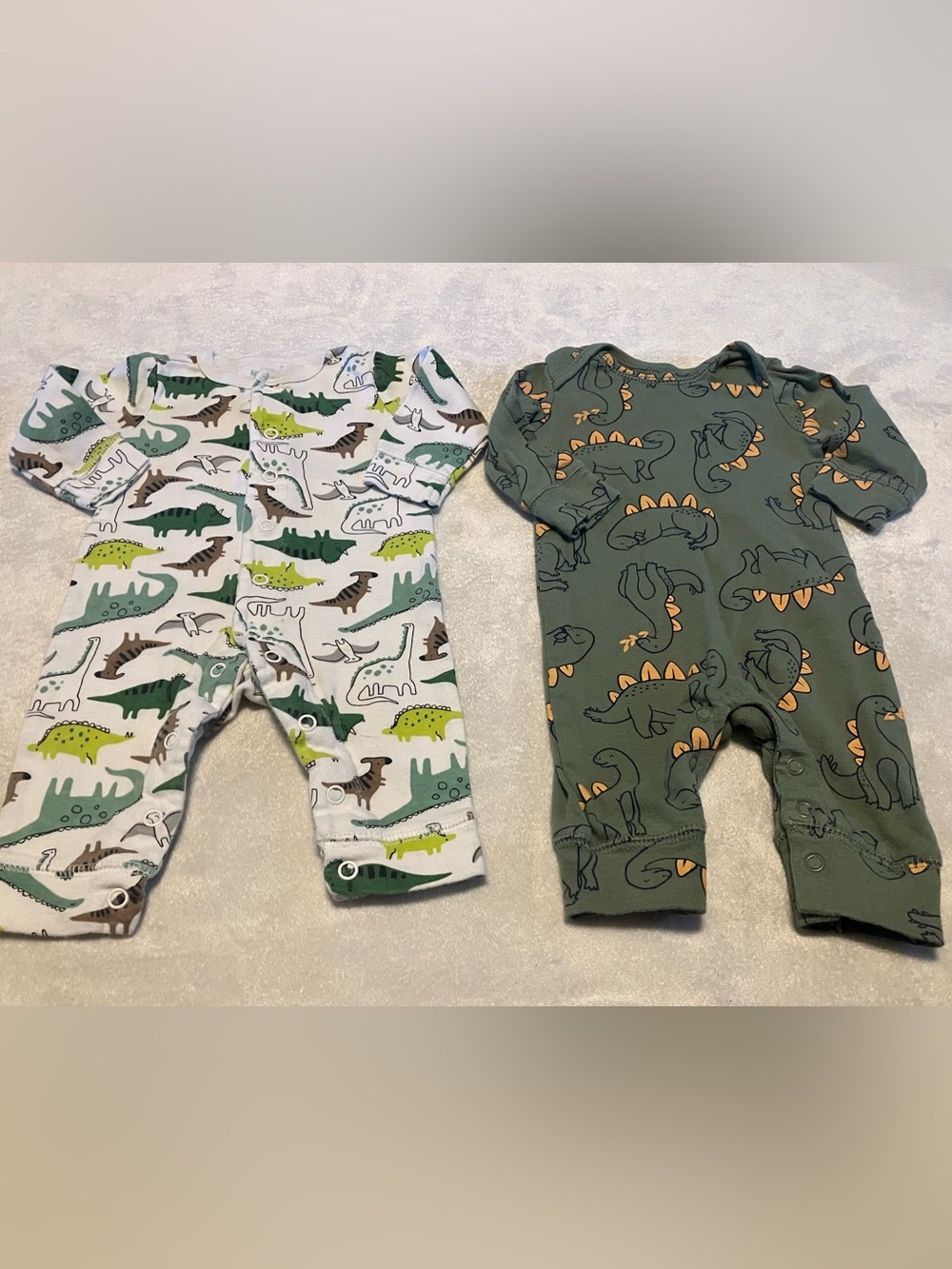 Green & White Dinosaur Print Baby One-Piece Rompers - Set of 2